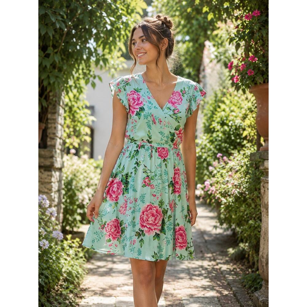 Gymboree Womens Floral Wrap Dress NWT Large Mint Green Pink Roses